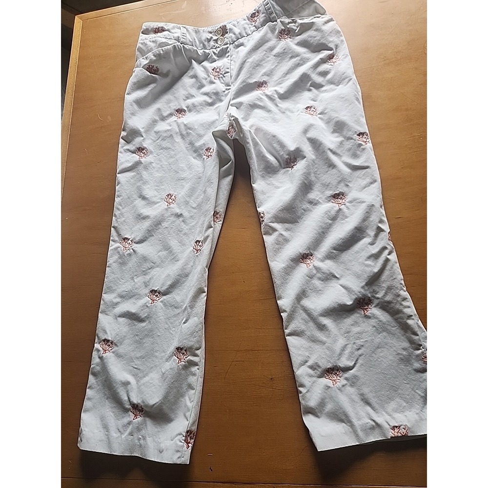J‎ McLaughlin White Pants Embroidered Coral Womens 8 Cropped Beachy Nautical
